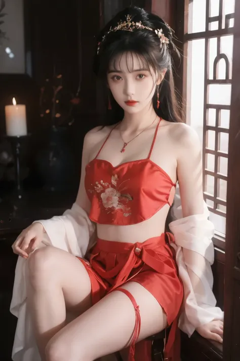 is the best quality,  masterpiece, High Aims, 1 girl, Beautiful red Hanfu, Hair   ornaments,  necklace,   ornament, pretty face, When the body, Tyndell effect, Realistic portrait,  Dark Studio , Edge lighting, Bicolor Light , (very delicate skin:1.2),  8,0...