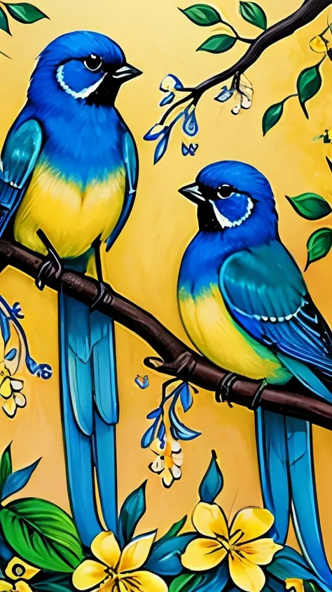 painting of three blue birds sitting on a branch with yellow flowers, an acrylic painting by Charles Bird King, pinterest, art nouveau, blue and yellow fauna, birds and butterflies, butterflies and birds, mystical birds, painting of beautiful, beautiful bl...