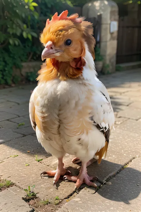 Make a photo of a plump, cute fluffy chicken in yellow and white