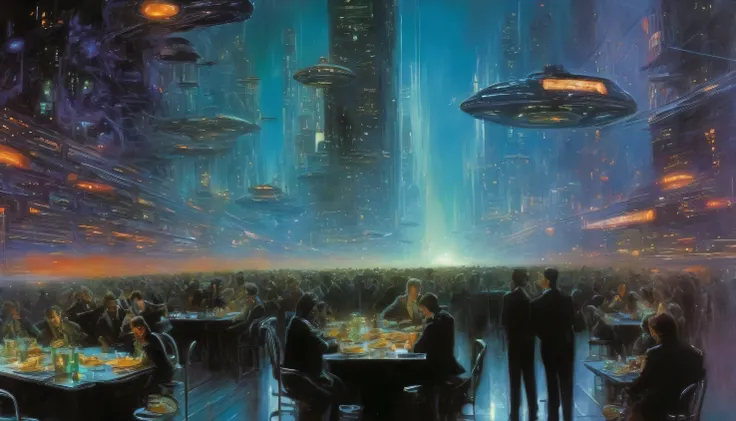 a Romantic-style painting of a sprawling cyberpunk city at night, with towering skyscrapers adorned with intricate neon lights and holographic billboards, set within a vast urban canyon. The scene is illuminated by a dramatic golden and cyan divine light b...