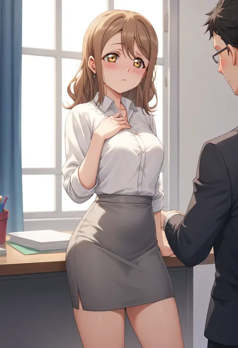 An image of Hanamaru Kunikida with brown, shoulder-length hair, Blushing standing in a gray suit and skirt in an office.