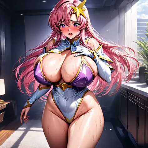 Meer Campbell,Gundam SEED Destiny,star hair accessory, hair accessory, pink hair, long hair,leotard, purple leotard, white leotard, tight leotard,big breasts,(embarrassed expression),chubby,detailed skin ,8k,beautiful,best quality,detailed,exquisite,extrem...