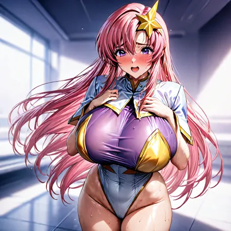 Meer Campbell,Gundam SEED Destiny,star hair accessory, hair accessory, pink hair, long hair,leotard, purple leotard, white leotard, tight leotard,big breasts,(embarrassed expression),chubby,detailed skin ,8k,beautiful,best quality,detailed,exquisite,extrem...