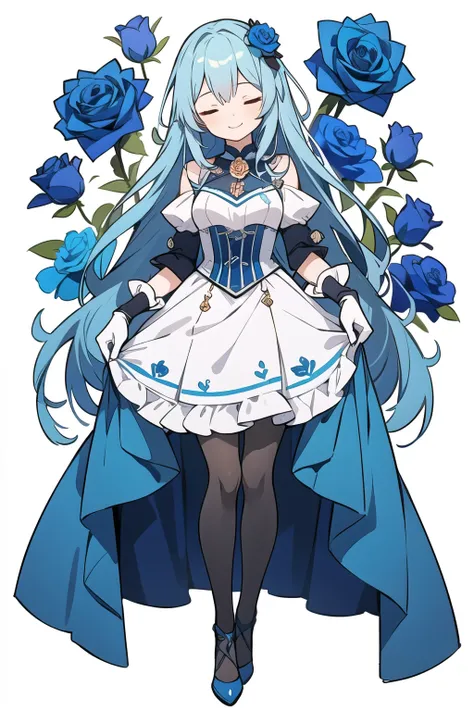 a very beautiful very colorful anime girl wearing a dress with sleeves and hair, 1girl, solo, gloves, dress, skirt hold, pantyhose, closed eyes, white background, hair flower, blue rose, blue flower, flower, blue hair, curtsey, rose, hair ornament, smile, ...