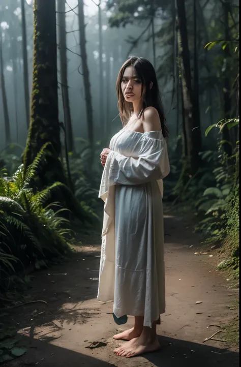 An old woman stands in the middle of a misty rainforest at night, dressed entirely in flowing white garments that drape over her frail but imposing frame. Her long, wild, and voluminous gray hair cascades down her shoulders, partially covering her deeply w...