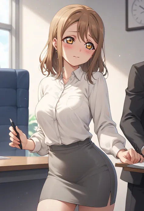 An image of Hanamaru Kunikida with brown, shoulder-length hair, Blushing standing in a gray suit and skirt in an office.