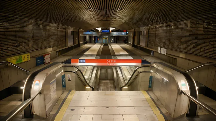 there is a long escalator with a red sign on it, subway station, underground facility, underground metro, underground scene, escalators, underground, futuristic cyber subway station, subways, platform, station, underground!!!!, underground tunnel, monorail...