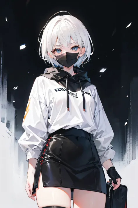 A white-haired girl with short hair，slim，Shorter ，Look to kill the cold，with a black mask，Killer，, Dressed in black