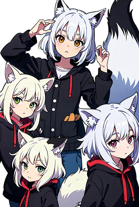 kemonomimi anime style，Miyazaki Hayao style,white background, White hair and tail ,Features similar to the Arctic fox