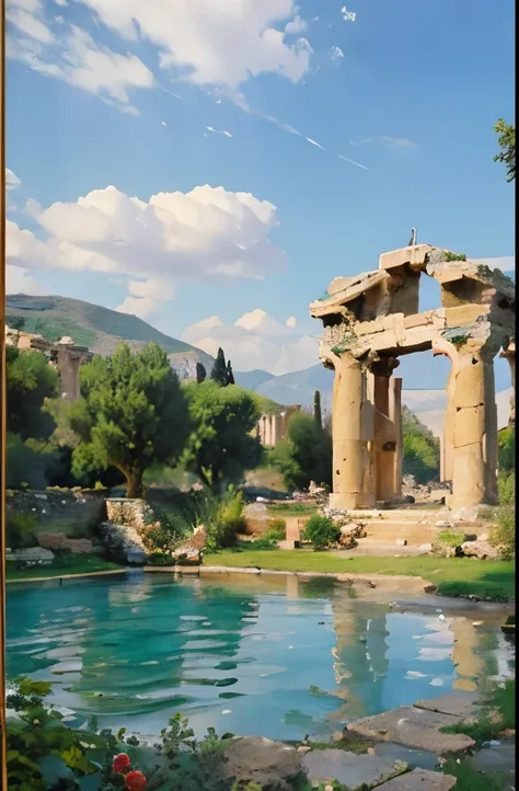 arafed view of a pool in a stone structure with columns, a picture by Alexander Bogen, pexels contest winner, renaissance, ancient greek ruins, ancient greek temple ruins, ancient ruins, beautiful ancient ruins behind, ancient greek city, ancient mediterra...