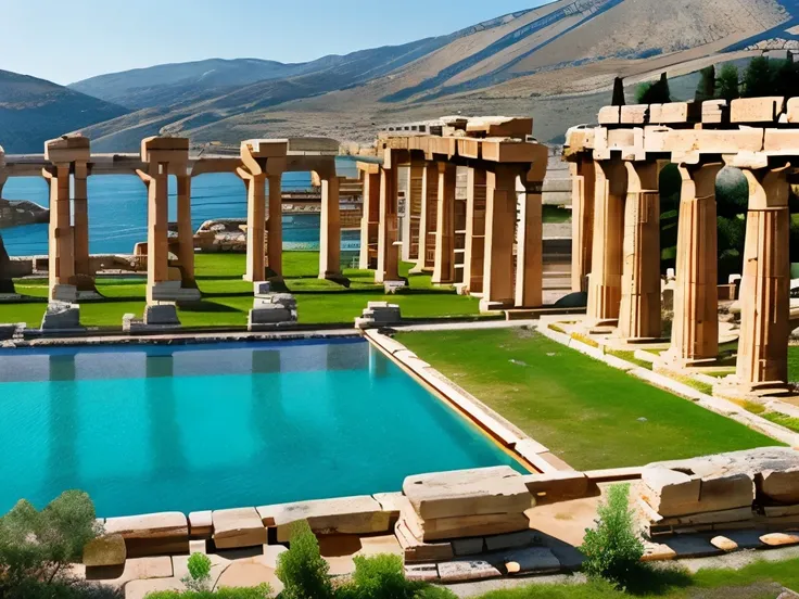 arafed view of a pool in a stone structure with columns, ancient greek ruins, ancient greek temple ruins, beautiful ancient ruins behind, ancient ruins, ancient greek city, ancient mediterranean city, inside ancient greek ruins, ancient greek temple, ancie...