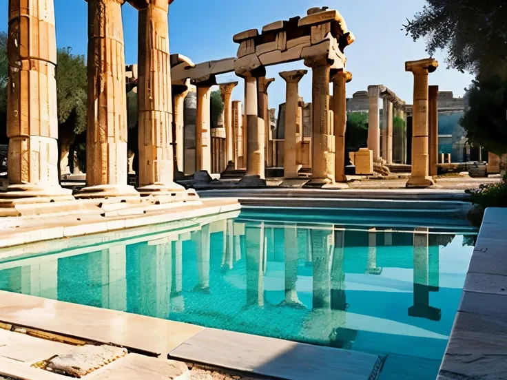 arafed view of a pool in a stone structure with columns, a picture by Alexander Bogen, pexels contest winner, renaissance, ancient greek ruins, ancient greek temple ruins, ancient ruins, beautiful ancient ruins behind, ancient greek city, ancient mediterra...