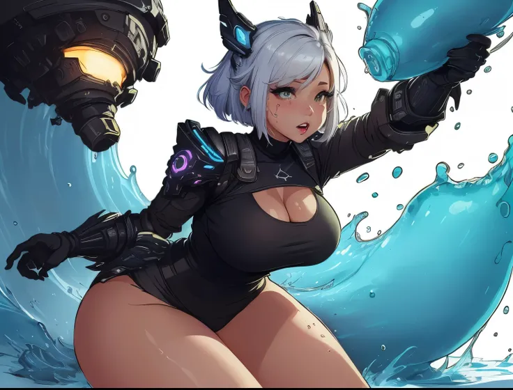 a cartoon picture of a woman in a black top and thighs, squelch, squish, loish |, squashed, scretch, splashing, thicc, thick smooth warframe thighs, commission, 2b, 2 b, cutesexyrobutts, high quality fanart, commission for high res, oc commission, detailed...