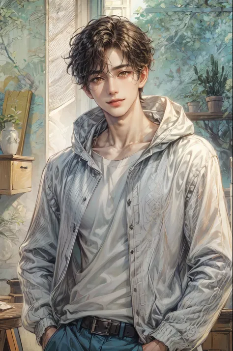 (absurdres, highres, ultra detailed, HDR), masterpiece, perfect faces, detailed faces, intricate details, extremely detailed background scenery, best quality close-up picture, orange eyes, korean boy, smile,   boy guy male man , art by kenouji 