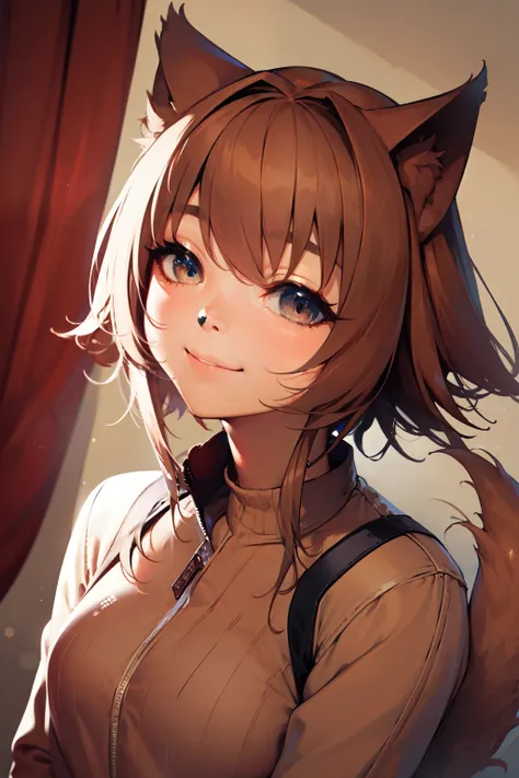 masterpiece, best quality, Kobold, 1 girl, brown hair, short hair, Alone,  brown fur, smile, 