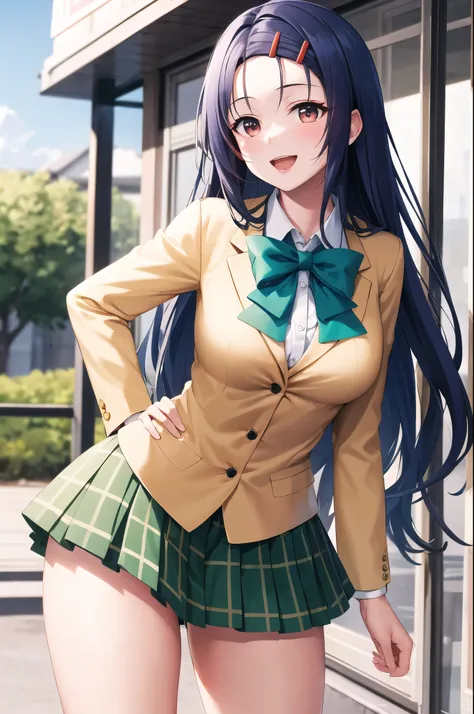  masterpiece, best quality, highres, aaharuna, long hair, hairclip, forehead, school uniform, green bowtie, yellow blazer, plaid skirt, green skirt, pleated skirt, thigh ,standing, cowboy shot, outdoors,smile, open mouth, glossy lips , hands on hips