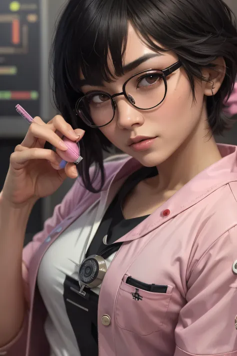 close up, Suzuka Asian, (hair and bangs), round glasses, cyberpunk, sci-fi, Luis Ricardo Falero painting, edgy painting, masterpiece, (detailed face) (wearing pink lab coat and scrubs)(modest) (in scifi lab with sleep pod)(propaganda poster)(recruiting ad)...