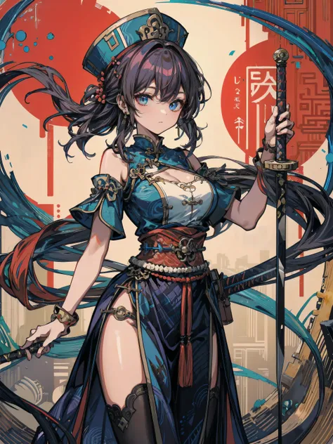 earring, big breasts, narrow waist, short hair, wavy hair, hair behind ear, half updo, black hair, looking at viewer, cowboy shot, Chinese warrior with his holding a sword, bamboo hat, oriental,