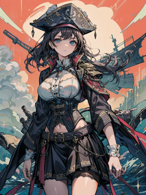 earring, big breasts, narrow waist, short hair, wavy hair, hair behind ear, half updo, black hair, looking at viewer, cowboy shot, Practical pirate clothing, Long-sleeved pirate top, Skirt, pirate hat, corset, black cape,