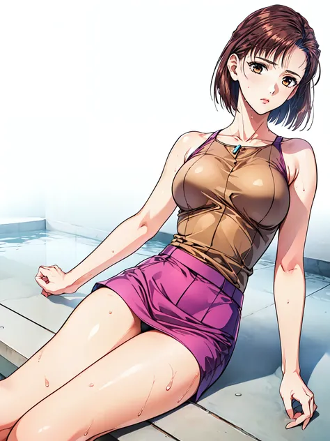 sleeveless, show me your armpits,wet skin,Chest Valley,transparent clothes,((masterpiece, Highest_quality)), 1 girl, (photorealistic:1.4),  alone, white_background, black_hair, length_hair,    absolute _Field, skirt, ((full_body)),  swimsuit