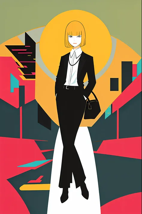 1girl in, Vector art, flat-colors, pop-art,  bob cuts, Full body, lofi color, (Hiperov), (masutepiece,Best Quality:1.5)