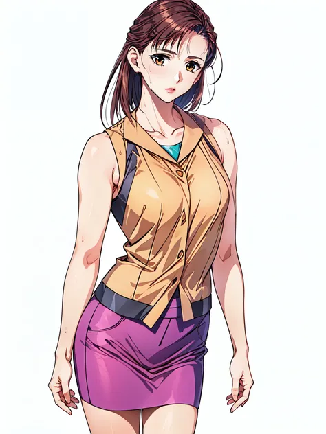 sleeveless,(( show me your armpits)),wet skin,((Chest Valley)),transparent clothes,((masterpiece, Highest_quality)), 1 girl, (photorealistic:1.4),  alone, white_background, black_hair, length_hair,    absolute _Field, skirt, ((full_body)),  swimsuit