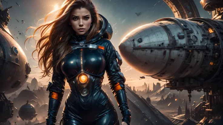 arafed image of a woman in a futuristic suit with a spaceship in the background, movie art, in front of an orange background, inspired by Robert McGinnis, female protagonist, megastructure in the background, portrait of an ai astronaut, astronauts, an astr...