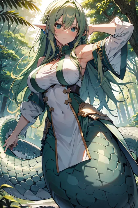 4K,High Resolution, one woman, lamia,green hair,long hair, blue eyes,huge boobs,swordsman,White Armor,Sleeveless,hair band,longsword,Jewelry decoration, in the woods