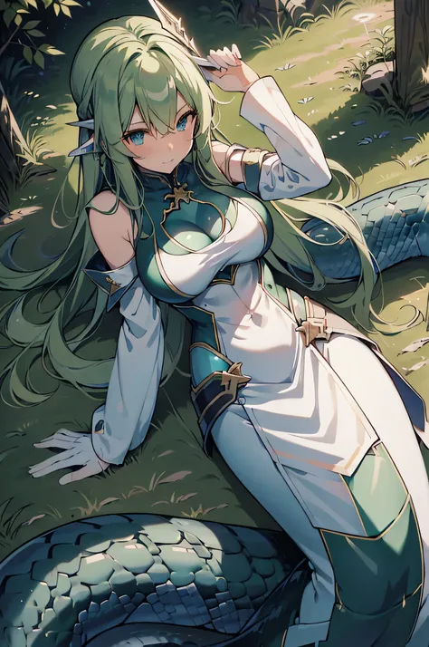 4K,High Resolution, one woman, lamia,green hair,long hair, blue eyes,huge boobs,swordsman,White Armor,Heavy Armor,Armor Gloves,headband,longsword,Jewelry decoration, in the woods