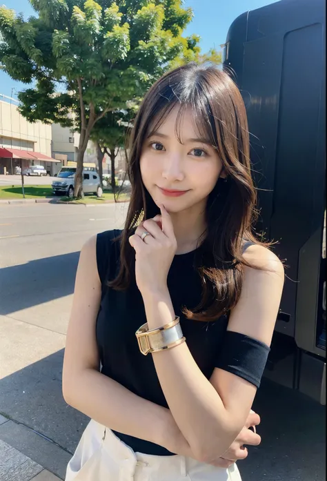 Woman (ethnicity:Asian, age:25-35, detailed clothing:1.2), smiling broadly, showing biceps, (facial features:1.3), (expression:1.2), dark brown hair, dark blue/navy t-shirt, standing in front of a white semi-truck (detailed truck:1.2), upper body shot, cen...