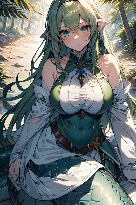 4K,High Resolution, one woman, lamia,green hair,long hair, blue eyes,huge boobs,swordsman,White Armor,Heavy Armor,Horizontal milk,Armor Gloves,headband,longsword,Jewelry decoration, in the woods