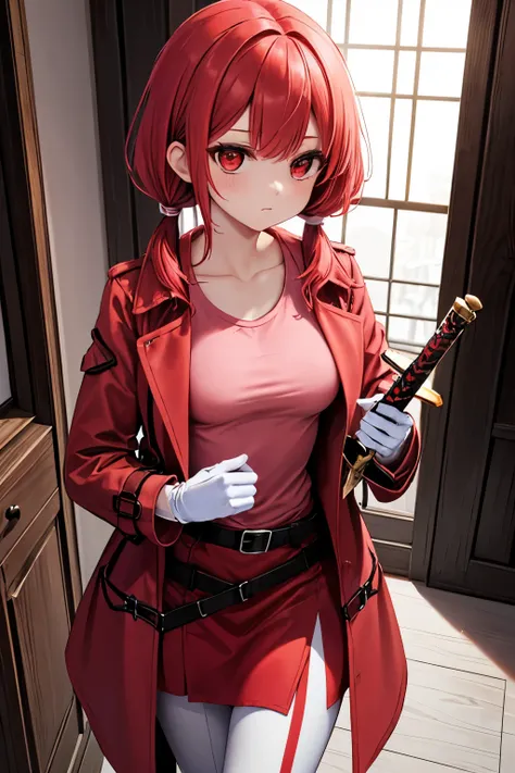 (((red hair))), short hair, (((low twintails))), red eyes, medium breasts, (((red trench coat))), (((pink Plain t-shirt))), white gloves, (Red Belt), (((red Slit skirt))), white leggings, (((Carrying a sword))), Settlement, (night)