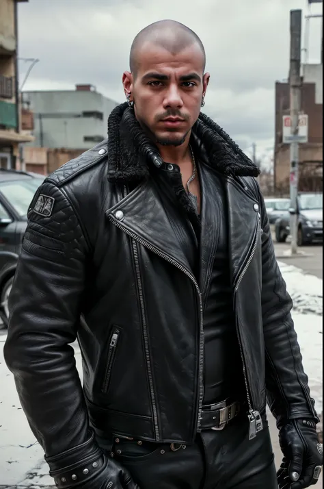 fat Latino criminal in dirty urban area, bald head, beard, leather gloves, diamond earrings, torn black leather biker jacket, highly detailed, photorealistic, 8K, HDR