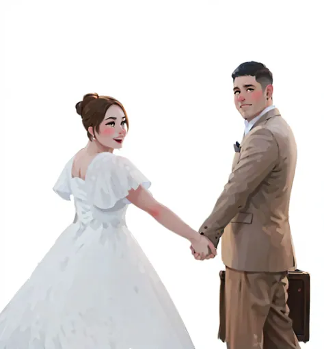 (masterpiece:1.2),illustration,lineart,texture,a woman in white bride dress and a man in brown groom suit are holding their hands
 ,warm color palette,soft lighting,detailed pencil strokes,delicate outlines,distinct shadows,subtle shading,impeccable attent...