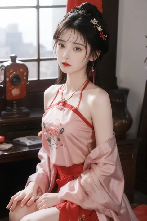 is the best quality,  masterpiece, High Aims, 1 girl, Beautiful red Hanfu, Hair   ornaments,  necklace,   ornament, pretty face, When the body, Tyndell effect, Realistic portrait,  Dark Studio , Edge lighting, Bicolor Light , (very delicate skin:1.2),  8,0...