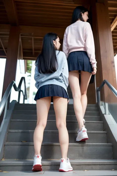 (((angle see from the ground))), Show only the buttocks from the heel,Behind the knee,upskirt,Two cloned humans climbing the stairs of the 1980 footbridge,of a 1980 residential pedestrian bridge,masterpiece,8k,(((angle see from the ground))),(2 people wear...