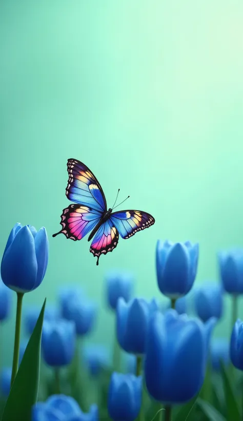 A decent image for the background in PowerPoint in all parts of this. 
 There is a background of blue tulips, the main color of the background is pale phosphoric green. Beautifull magical butterfly in foreground. Magical vibe. Masterpiece. 