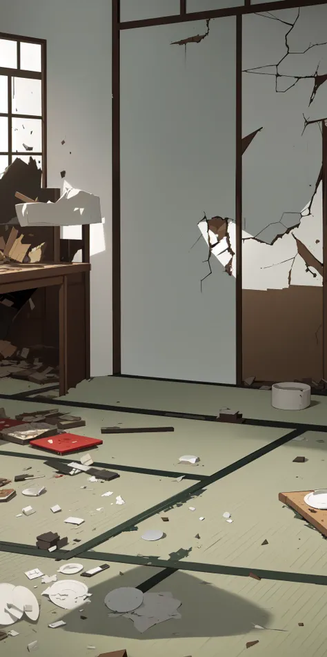 (ultra detailed:1.0), (best quality:1.0), (masterpiece:1.0), (super fine illustration:1.0), (beautiful artwork:1.0), (official art:1.0), (in the detailed tatami room:1.5), (smashed plates:1.5), (destroyed furniture:1.5), (scatter debris:1.5)
