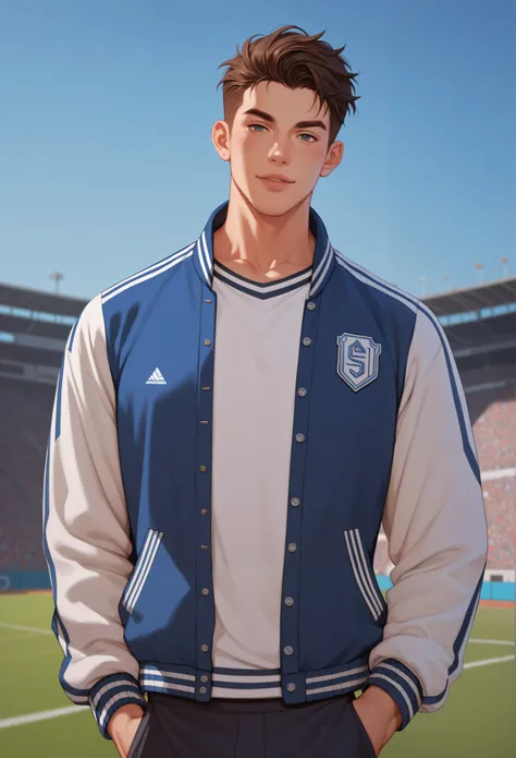 A handsome man in his 20s, an athletic build, in a letterman jacket. He is looking at the viewer. His hair is framing his face. The background is an urban football field. confident pose.