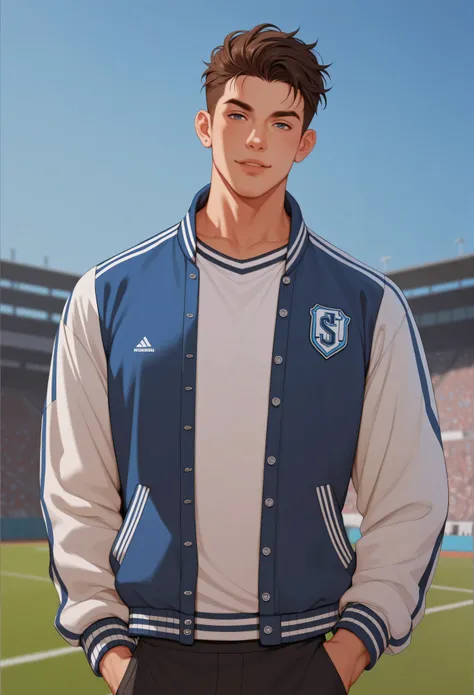 A handsome man in his 20s, an athletic build, in a letterman jacket. He is looking at the viewer. His hair is framing his face. The background is an urban football field. confident pose.