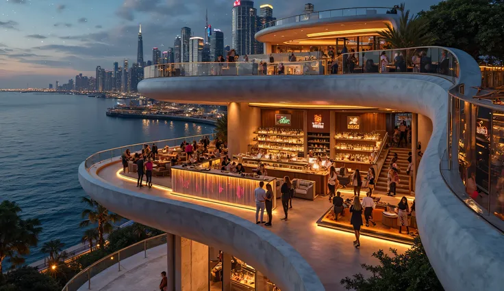 A rooftop wine bar with futuristic architecture, modern curved concrete material, bar counter, signs, stage with laser lights, bustling with fashionable guests, above is the glass railing, below the building is the glossy glass wall, the sky is full of sta...