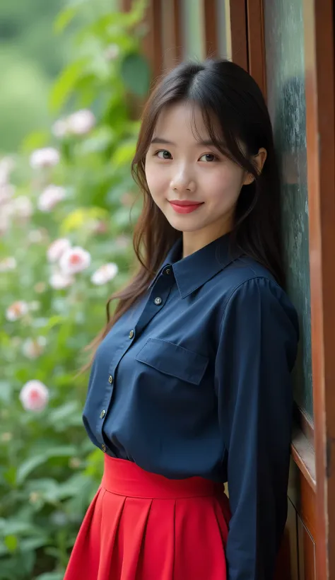 In the high definition image, it is leaning against the、Attractive Young Woman、Rubio、 navy blue shirt、red skirt、 Face Details 、Good posture、 facing forward、smile、Lots of flowers 、Forest restaurant、Colorful Forest。