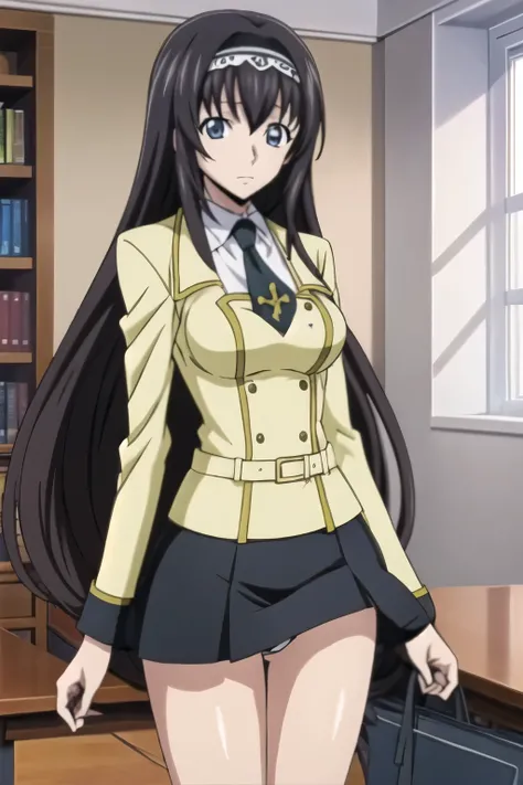 from side, girl, beautiful eyes, black hair, long hair, hair band, anime screen cap, reading book at school library, school uniform, skirt, shirt, skirt lift, panties, accidental exposure, looking at viewer, (Anime style, masterpiece, best quality , High R...