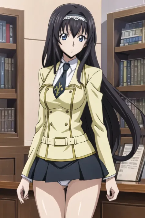 from side, girl, beautiful eyes, black hair, long hair, hair band, anime screen cap, standing, book, (((reading book at school library))), school uniform, skirt, shirt, skirt lift, panties, accidental exposure, looking at viewer, (Anime style, masterpiece,...