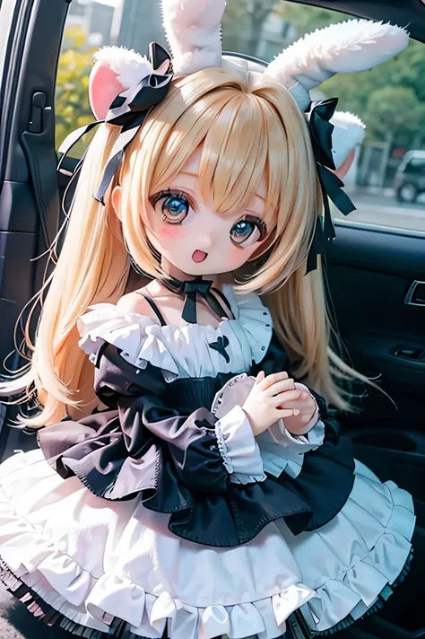 
         rabbit girl        、        chibi    、     young girl、          wearing gothic Lolita clothes  　Laughter、  Car in the passenger seat  