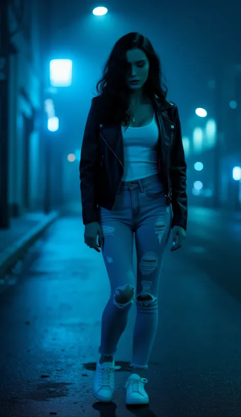 A full body side shot of a beautiful woman with dark wavy hairstyle, ((very pale skin)), looking down, walking along an empty street at night, dressed in a short black leather jacket, pure white tshirt, torn light blue skinny jeans, white sneakers, cinemat...