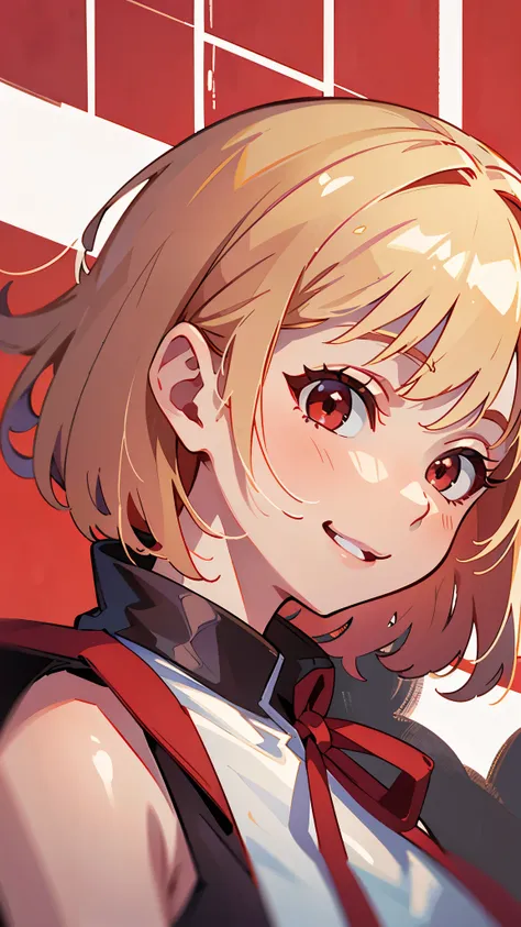 super high resolution、(masterpiece:1.4)、 ultra-fine in 8K、One girl、upper body closeup、platinum blonde、medium hair、 red hair ribbon、 red eyes、smile