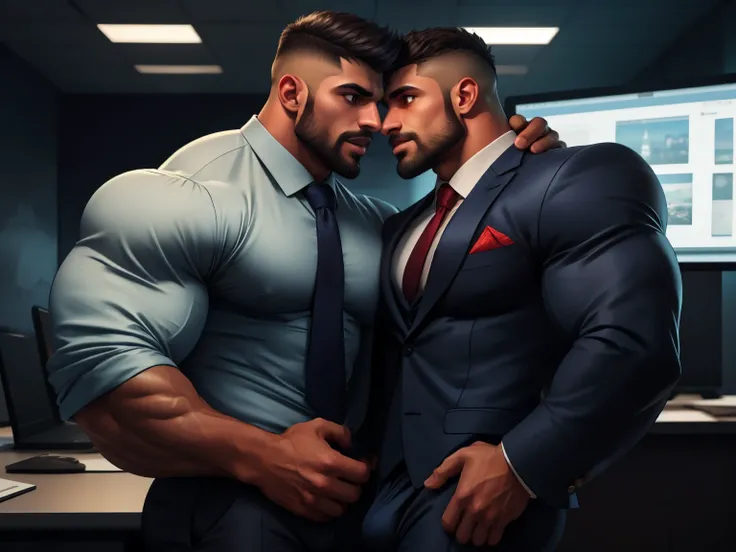 Indian latino Gay couple doing forcefully rough rugged physically violence mouth to mouth kissing, wearing a strict business suit, muscular men, business men, gay, tall handsome guys, sexy masculine, well dressed, gentleman, wearing suits!, dressed in a su...