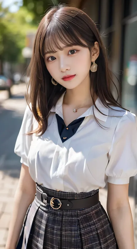 (beautiful girl、Cute Face、high school girl、medium hair:1.3)、TOP QUALITY,8K image、Shapely breasts、bending forward、blouse、Midi Skirt、belt、 high neck、earrings、necklaces