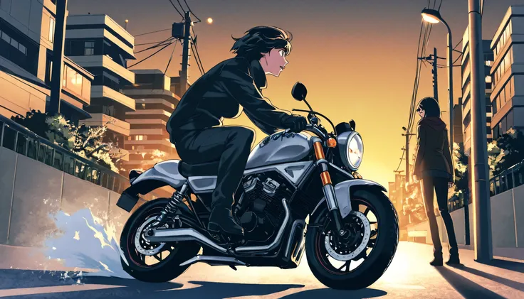 He is dashing around Tokyo at night on his motorcycle. A female rider, looking like Fujiko Mine. She is making a drift turn. It was warm, like winter turning into spring.